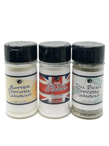 POPCORN SEASONINGS | Variety 3 Pack | Butter Flavor | Dill Pickle | British Sea Salt & Vinegar