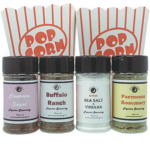 POPCORN SEASONING Variety or Gift 4 Pack | Buffalo Ranch | Cinnamon Sugar | Parmesan Rosemary | British Sea Salt & Vinegar | 6 Popcorn Boxes INCLUDED