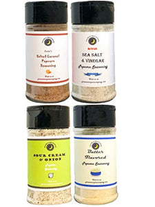 Popcorn Seasoning 4 Pack | Sea Salt & Vinegar | Salted Caramel | Sour Cream & Onion | Butter Flavor | 3.5 oz Shakers